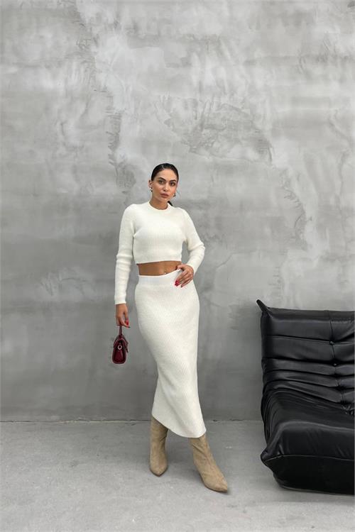 Dipmoda kadın ekru crop etekli alt üst ikili takım NBDM1219 