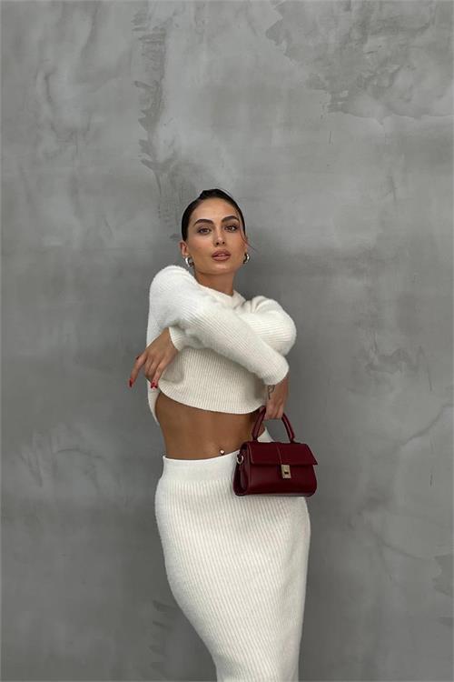 Dipmoda kadın ekru crop etekli alt üst ikili takım NBDM1219 