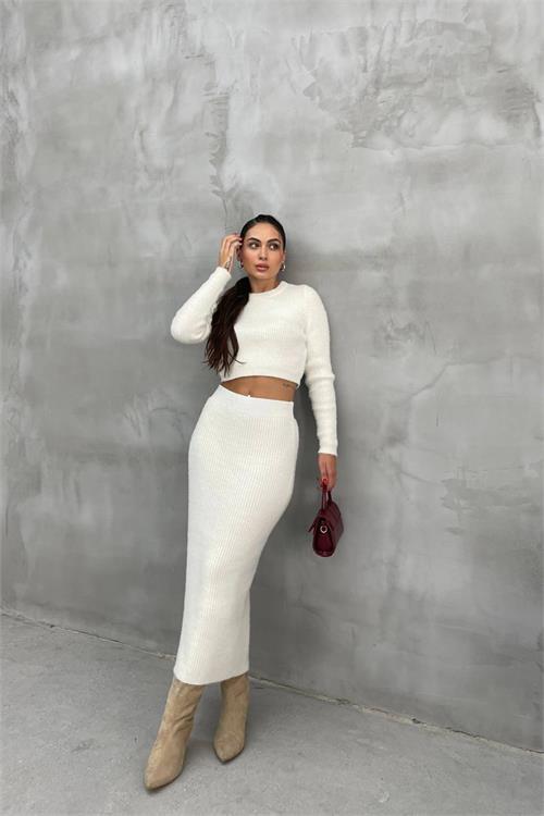 Dipmoda kadın ekru crop etekli alt üst ikili takım NBDM1219 