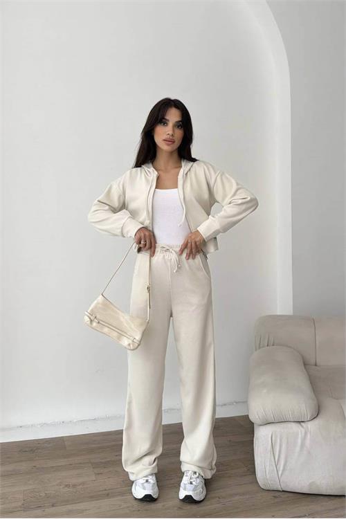 Dipmoda kadın ekru fermuarlı kapüşonlu modal eşofman takımı DPNP022