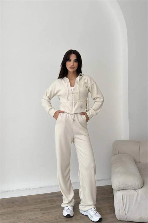 Dipmoda kadın ekru fermuarlı kapüşonlu modal eşofman takımı DPNP022