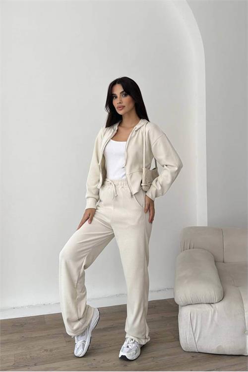Dipmoda kadın ekru fermuarlı kapüşonlu modal eşofman takımı DPNP022