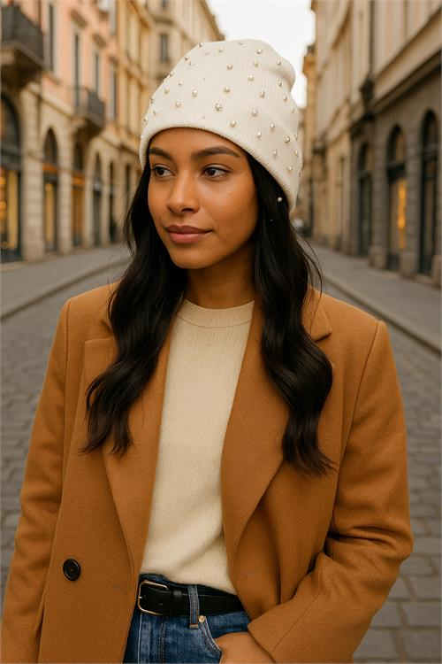 Dipmoda kadın ekru inci ve taş işlemeli triko bere DPAKS025