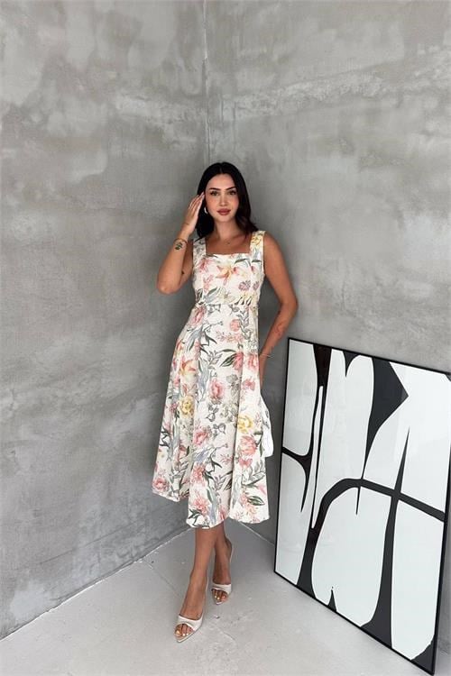 Dipmoda kadın ekru kare yaka çiçek desenli kolsuz beli oturan midi elbise DPK4670