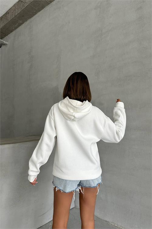 Dipmoda kadın ekru nakış detaylı kapuşonlu kışlık sweat NBG032 