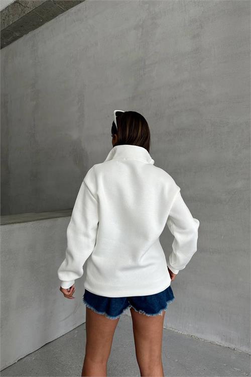 Dipmoda kadın ekru yüksek yaka içi pamuklu sweat NBG034 