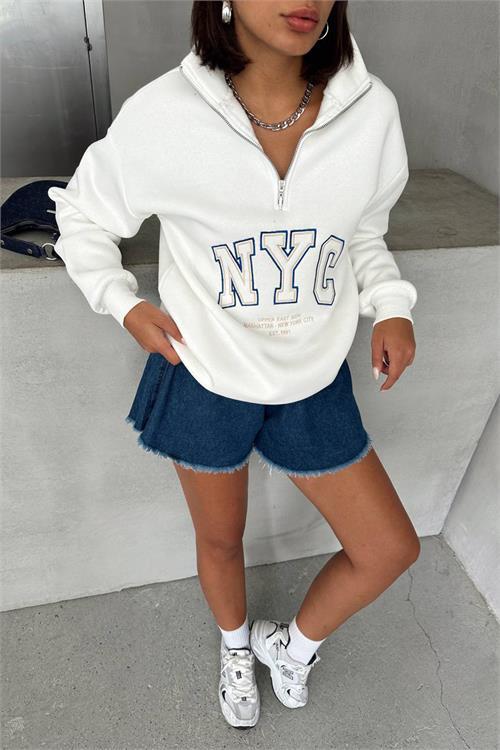 Dipmoda kadın ekru yüksek yaka içi pamuklu sweat NBG034 
