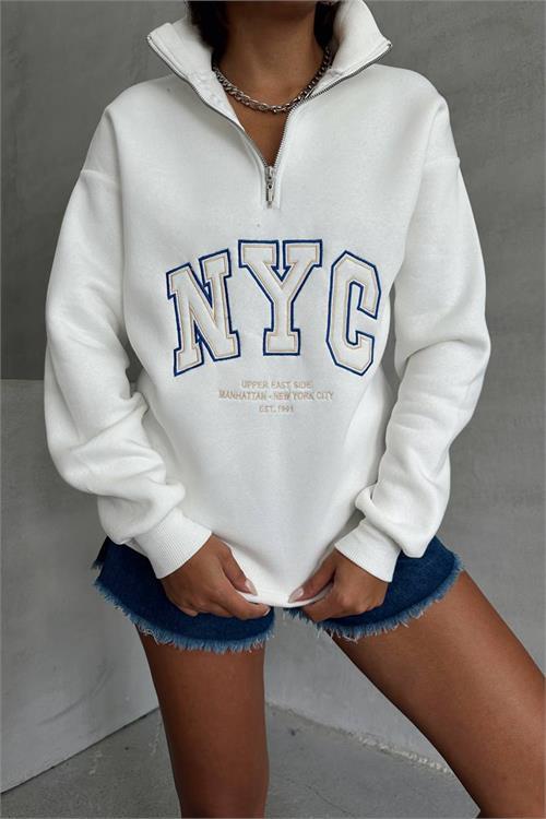 Dipmoda kadın ekru yüksek yaka içi pamuklu sweat NBG034 