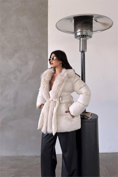 Dipmoda kadın Ekru zra şişme kürklü mont NBMYLK25
