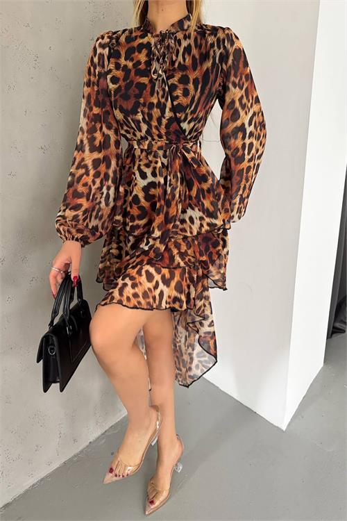 Dipmoda kadın eteği kat kat leopar desenli şifon elbise NBKKLF2036 