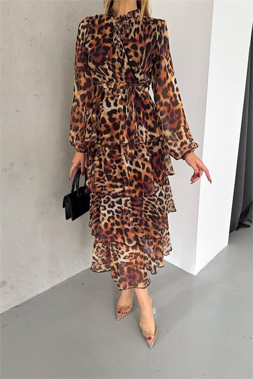 Dipmoda kadın eteği kat kat leopar desenli şifon elbise NBKKLF2036 