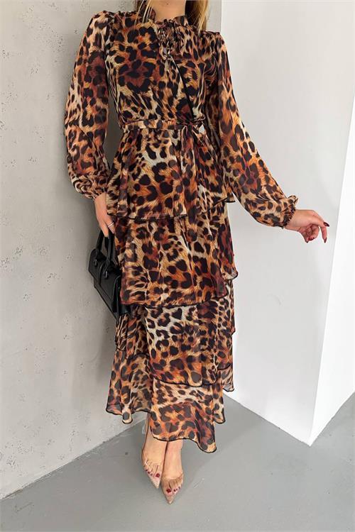 Dipmoda kadın eteği kat kat leopar desenli şifon elbise NBKKLF2036 