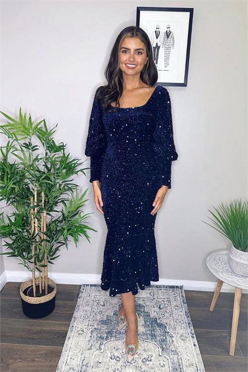 Dipmoda kadın eteği volanlı pul payet abiye elbise NBEMP2336