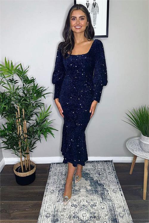 Dipmoda kadın eteği volanlı pul payet abiye elbise NBEMP2336