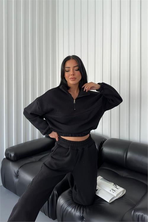 Dipmoda kadın fermuarlı 3 iplik şardonlu alt üst eşofman takımı DPNDCB11640