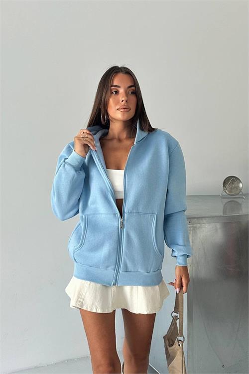 Dipmoda kadın fermuarlı kapüşonlu pamuklu sweat DPG106