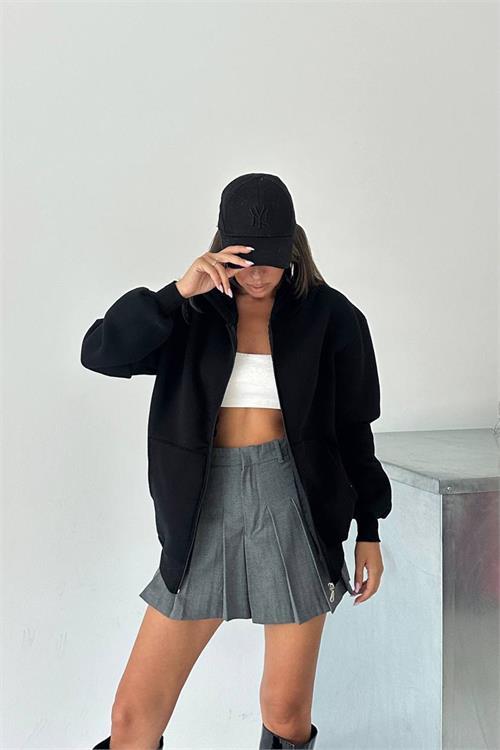 Dipmoda kadın fermuarlı kapüşonlu pamuklu sweat DPG106