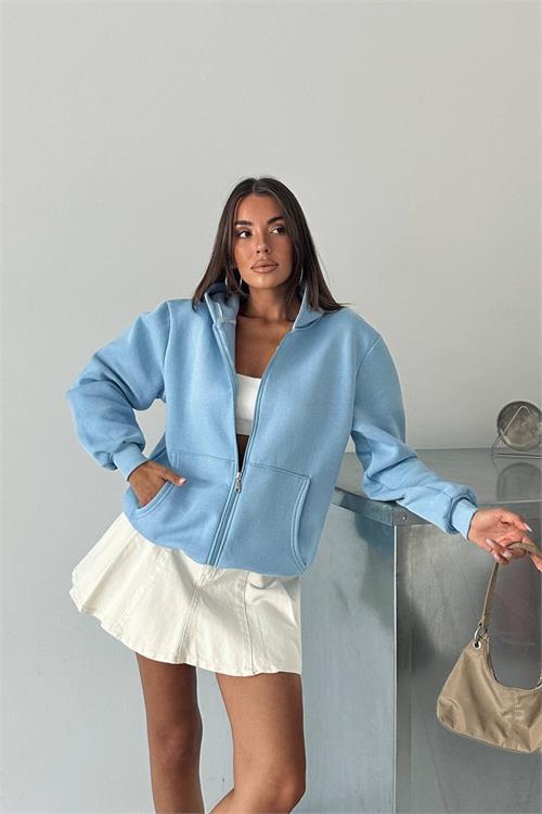 Dipmoda kadın fermuarlı kapüşonlu pamuklu sweat DPG106