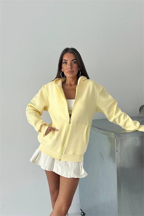 Dipmoda kadın fermuarlı kapüşonlu pamuklu sweat DPG106