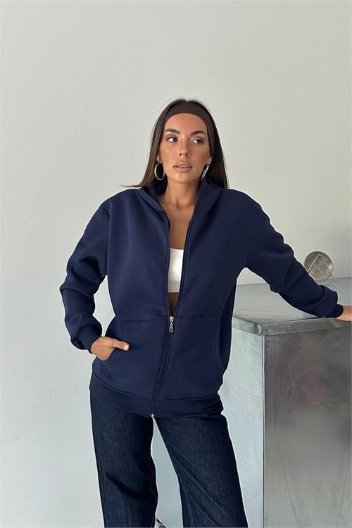 Dipmoda kadın fermuarlı kapüşonlu pamuklu sweat DPG106