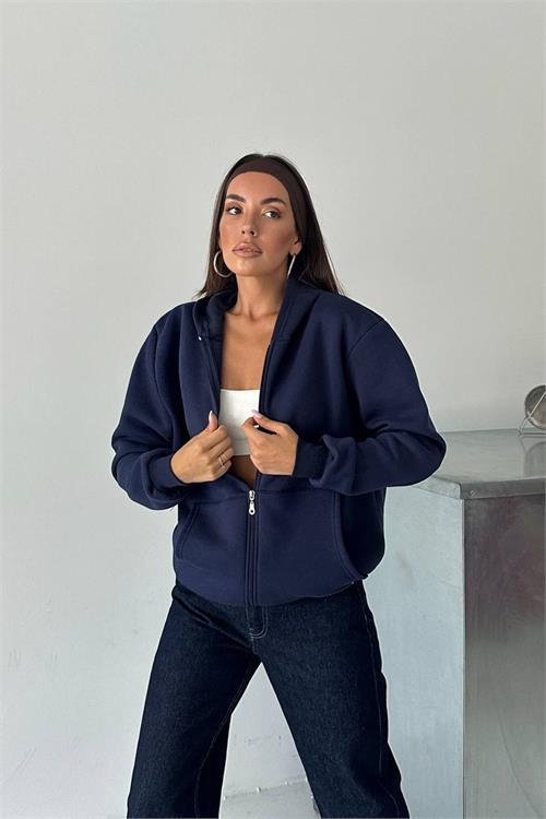 Dipmoda kadın fermuarlı kapüşonlu pamuklu sweat DPG106