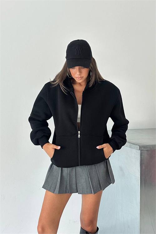 Dipmoda kadın fermuarlı kapüşonlu pamuklu sweat DPG106