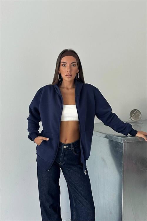 Dipmoda kadın fermuarlı kapüşonlu pamuklu sweat DPG106