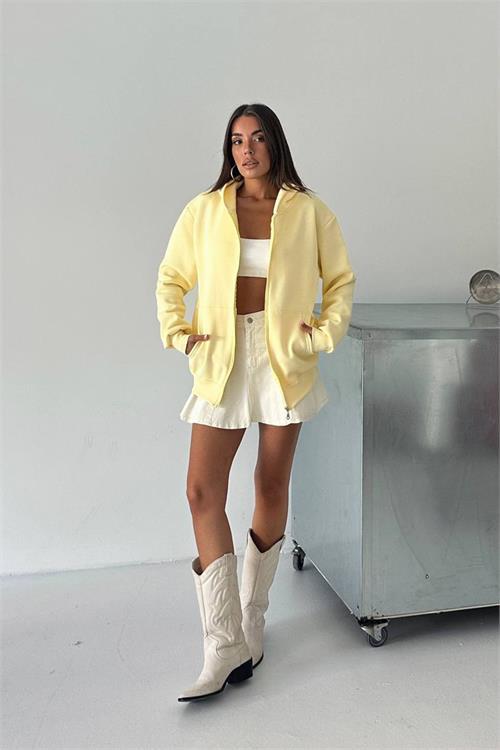 Dipmoda kadın fermuarlı kapüşonlu pamuklu sweat DPG106