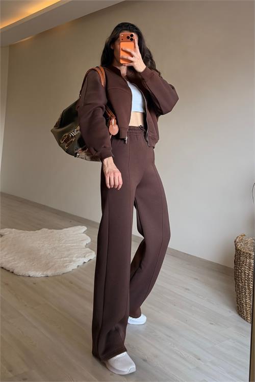 Dipmoda kadın fermuarlı oversize sweat ve yüksek bel eşofman takımı NM018