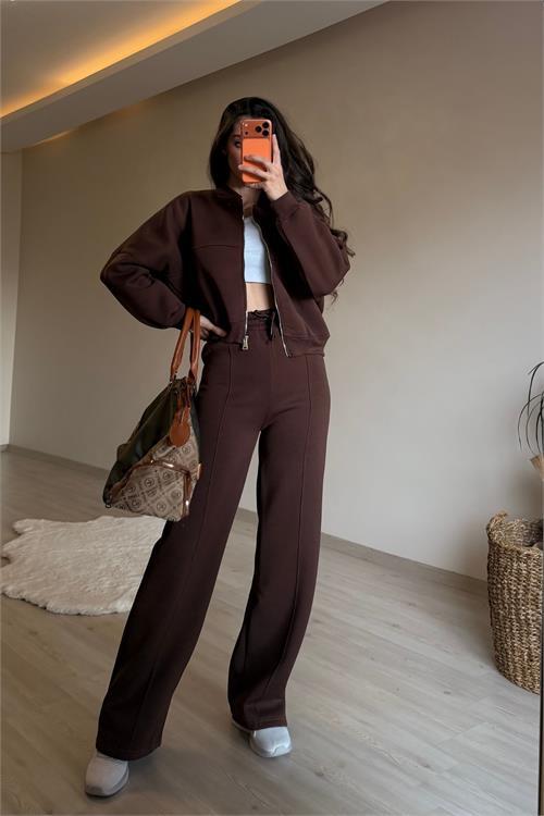 Dipmoda kadın fermuarlı oversize sweat ve yüksek bel eşofman takımı NM018