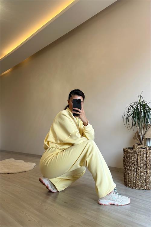 Dipmoda kadın fermuarlı oversize sweat ve yüksek bel eşofman takımı NM018