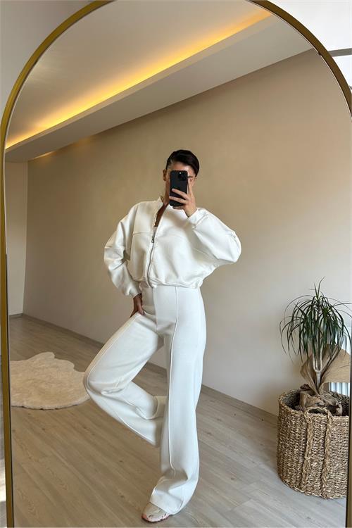 Dipmoda kadın fermuarlı oversize sweat ve yüksek bel eşofman takımı NM018