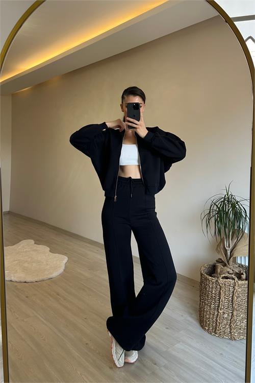 Dipmoda kadın fermuarlı oversize sweat ve yüksek bel eşofman takımı NM018