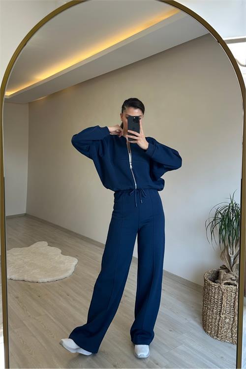 Dipmoda kadın fermuarlı oversize sweat ve yüksek bel eşofman takımı NM018