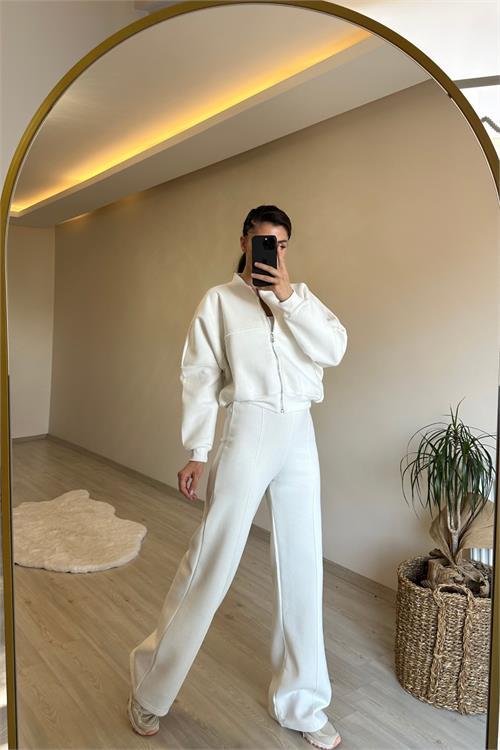 Dipmoda kadın fermuarlı oversize sweat ve yüksek bel eşofman takımı NM018