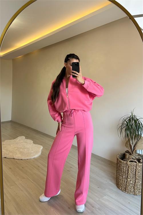 Dipmoda kadın fermuarlı oversize sweat ve yüksek bel eşofman takımı NM018