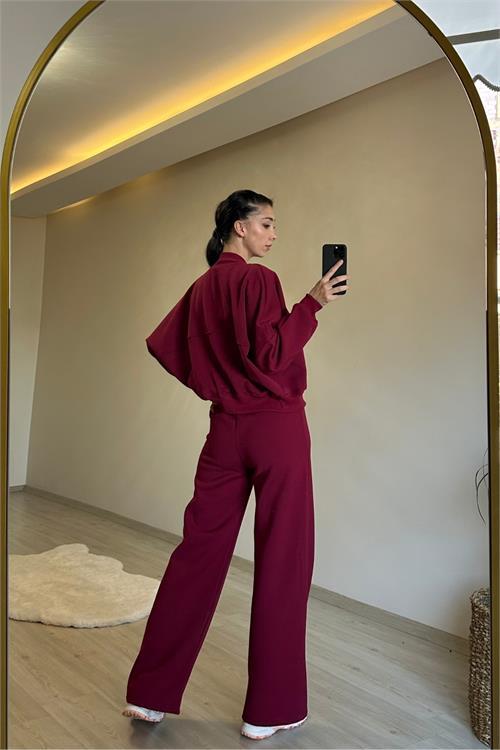 Dipmoda kadın fermuarlı oversize sweat ve yüksek bel eşofman takımı NM018