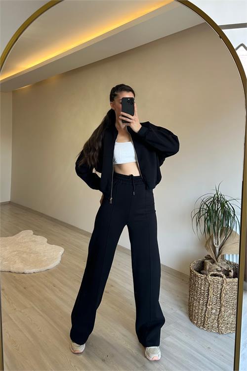 Dipmoda kadın fermuarlı oversize sweat ve yüksek bel eşofman takımı NM018