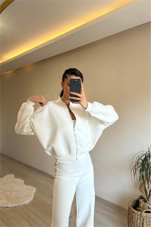 Dipmoda kadın fermuarlı oversize sweat ve yüksek bel eşofman takımı NM018