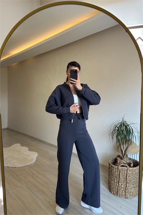 Dipmoda kadın fermuarlı oversize sweat ve yüksek bel eşofman takımı NM018