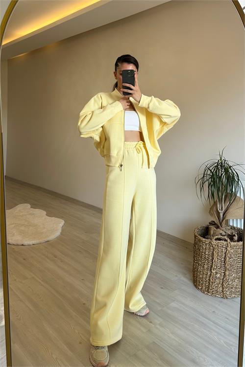 Dipmoda kadın fermuarlı oversize sweat ve yüksek bel eşofman takımı NM018