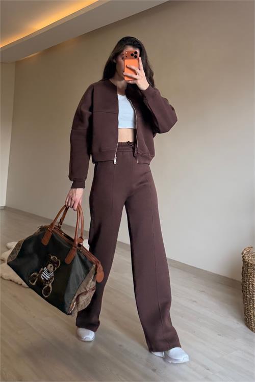 Dipmoda kadın fermuarlı oversize sweat ve yüksek bel eşofman takımı NM018