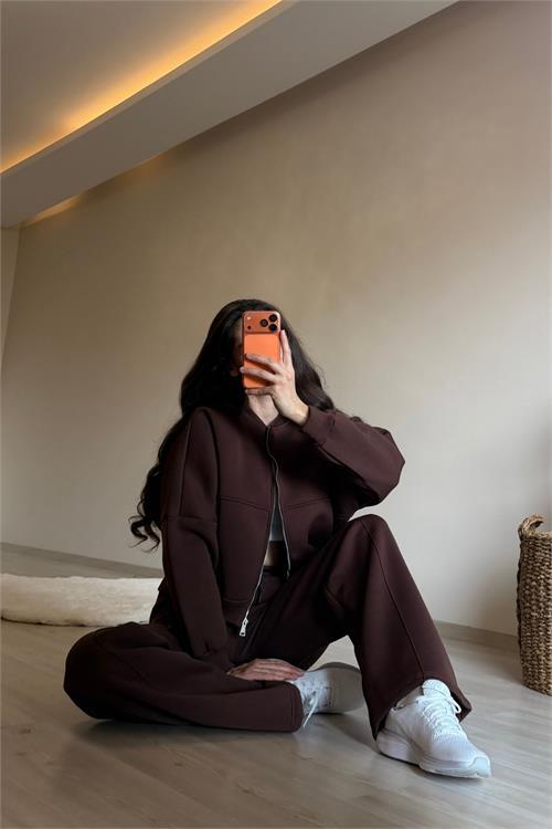 Dipmoda kadın fermuarlı oversize sweat ve yüksek bel eşofman takımı NM018