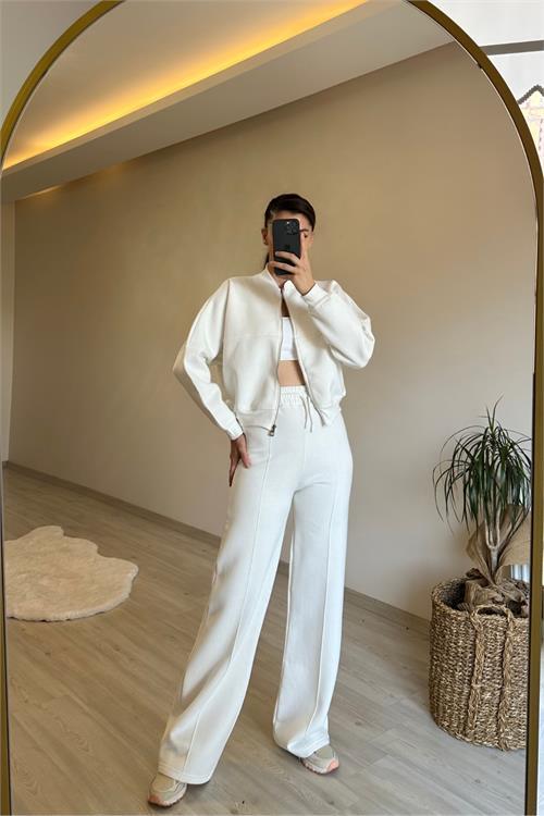 Dipmoda kadın fermuarlı oversize sweat ve yüksek bel eşofman takımı NM018