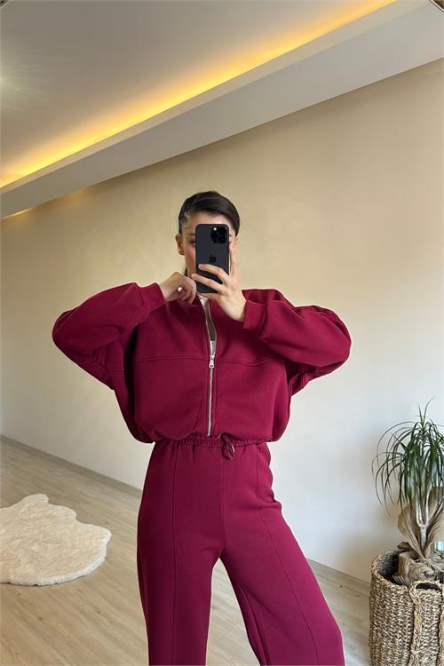 Dipmoda kadın fermuarlı oversize sweat ve yüksek bel eşofman takımı NM018