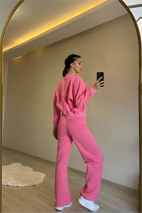 Dipmoda kadın fermuarlı oversize sweat ve yüksek bel eşofman takımı NM018