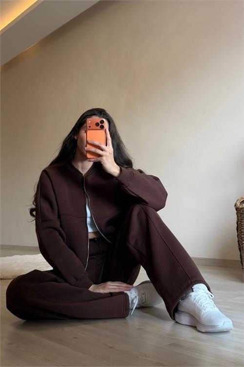 Dipmoda kadın fermuarlı oversize sweat ve yüksek bel eşofman takımı NM018