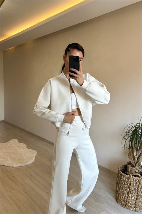 Dipmoda kadın fermuarlı oversize sweat ve yüksek bel eşofman takımı NM018