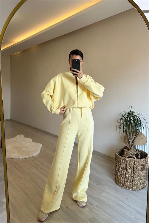 Dipmoda kadın fermuarlı oversize sweat ve yüksek bel eşofman takımı NM018