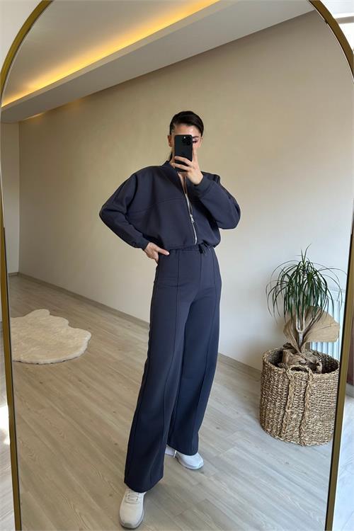Dipmoda kadın fermuarlı oversize sweat ve yüksek bel eşofman takımı NM018